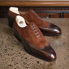 New Men's Handmade Brown Leather, Suede Oxford Wingtip Lace Up Dress Formal Shoe