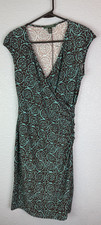 Lauren Ralph Lauren Dress Womens 6 Brown Blue Geometric Print Ruched Wrap V Neck