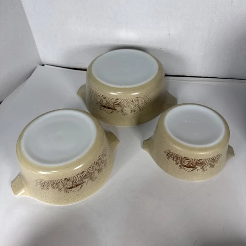 3 Pyrex Forest Fancies Mushroom Covered Casserole Set 473B 474B 475B VTG VGC