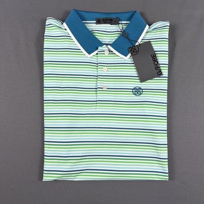 G/Fore G4 Golf Shirt Polo Sleeve Logo Striped Large Blue Green NWT MSRP $120