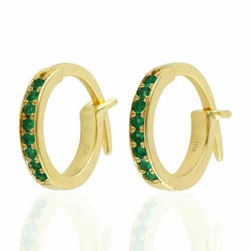 18K Massives Gelbes Gold Minimale Smaragd Huggie Ohrringe S594 - Bild 2 von 4