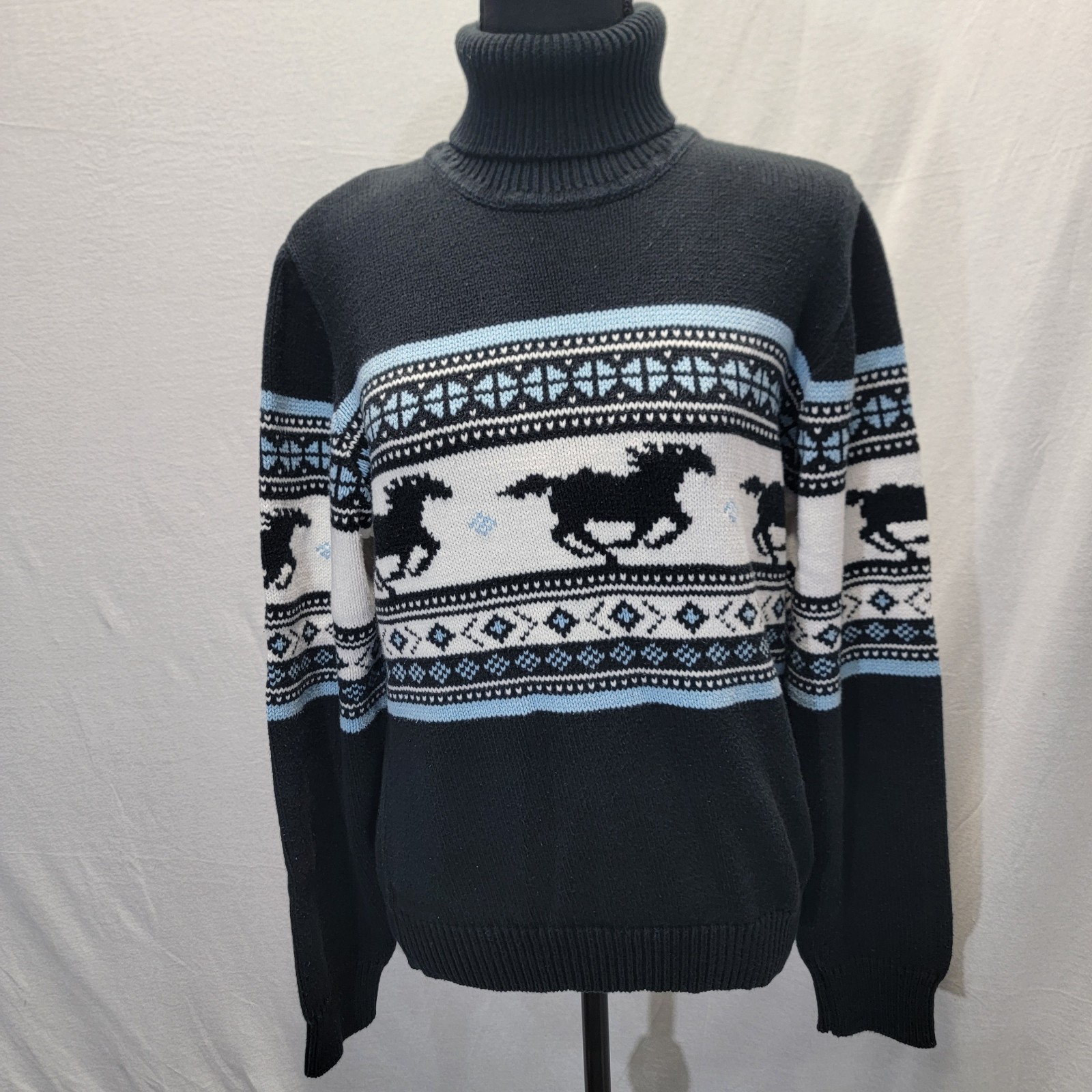 Womens Roper Western Horse Sweater  Equestrian Blue  Sz Large Cotton Acrylic