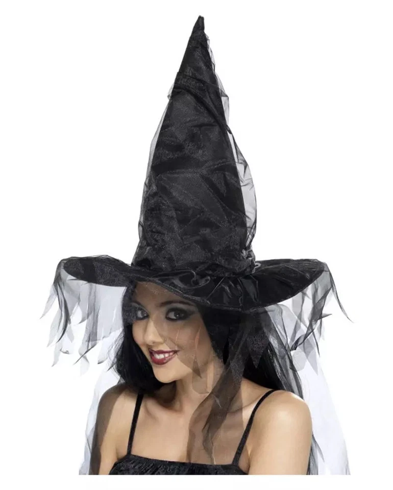 Schwarzer Hexenhut mit Tüllschleier Halloween Hexenkostüm Zubehör Gothic - Bild 1 von 1