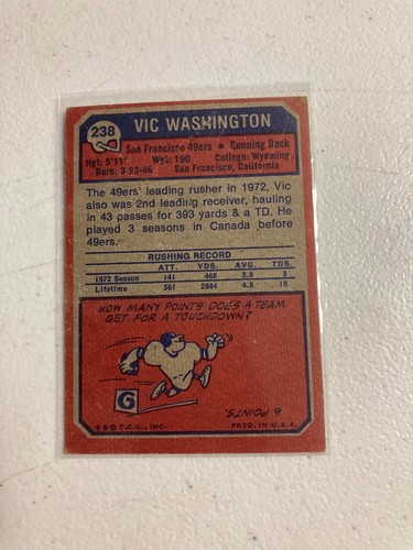 1973 Topps Football #238 vic washington san fransico 49ers - Picture 2 of 2