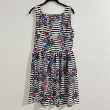 Beige By Eci White Striped Floral Fit and Flare Dress Size M Tea Party A Line