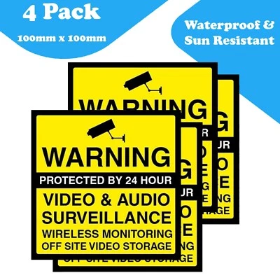 LUMEAN LTD 4-Pack CCTV Warning Stickers - 100mm x 100mm - "Protected by 24hr Video & Audio"