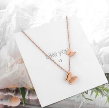 Double Butterflies Titanium Steel Rose Gold Pendant Chain Necklace