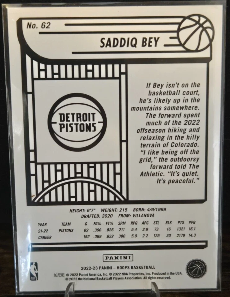 Hoops - 2022 - Saddiq Bey - #62 Detroit Pistons - W - Card - Image 2 of 2