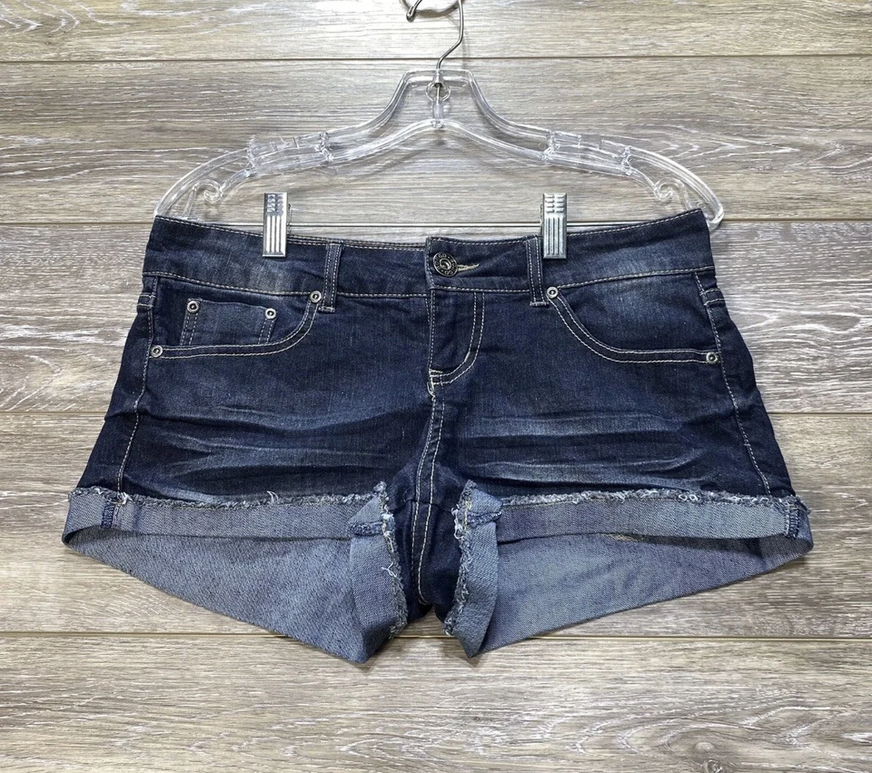 Bongo 短裤 9 码青少年蓝色牛仔袖口中腰口袋女式 — 第 3/4 张图片