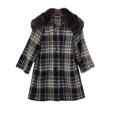 L.a.m.b Wool Plaid Coat Womens Size 2 Brown Black Gray Ivory Removable Faux Fur