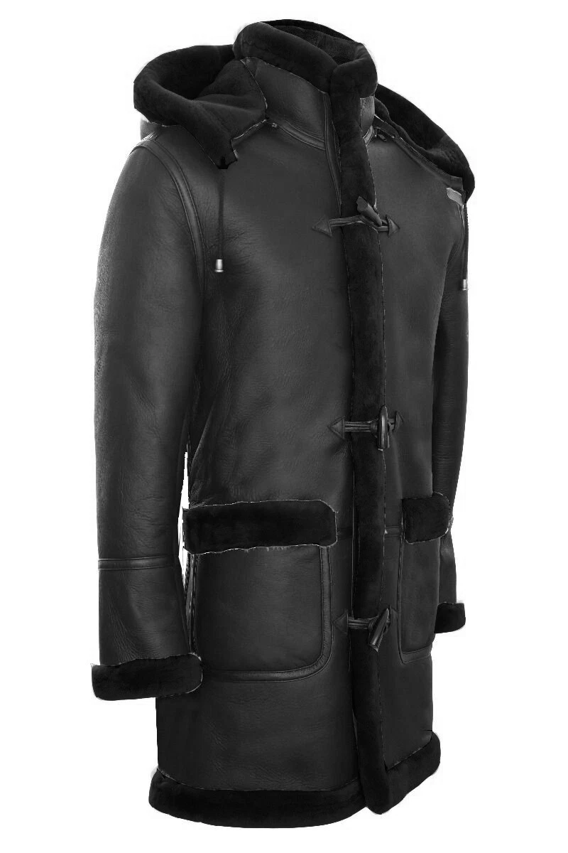Homme Noir Peau de Mouton Duffle Coat Long WW2 a Capuche Cuir Parka Hiver