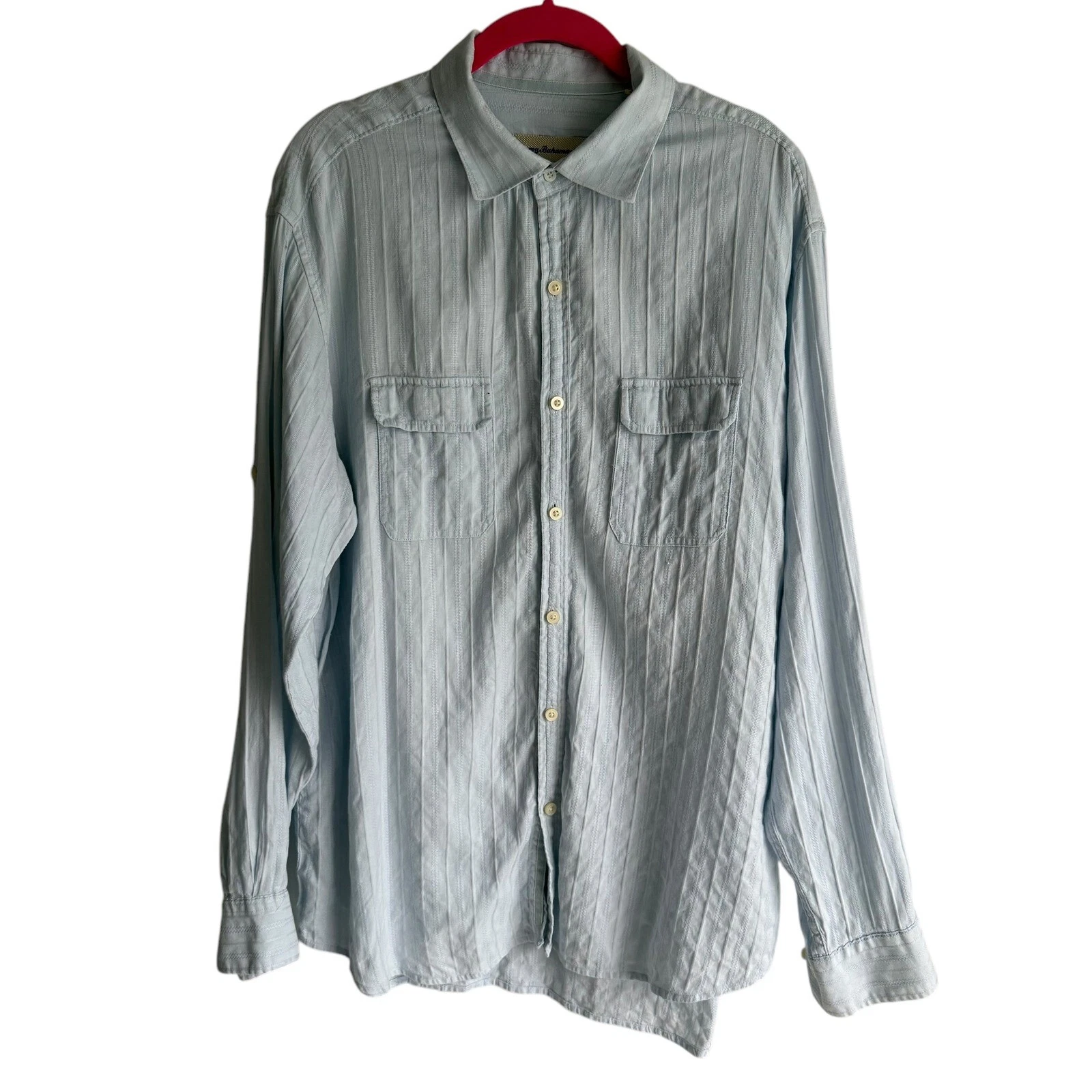 TOMMY BAHAMA Light Blue Linen Cotton Roll-Tab Sleeve Mens Button Up, L