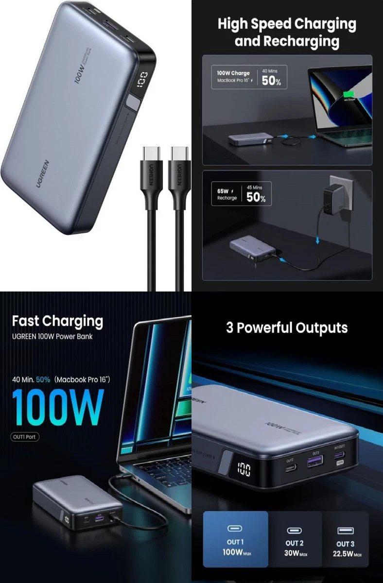 UGREEN Nexode 100W 20000mAh Laptop Power Bank, 3-Port USB C Bank  