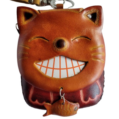 Cat w Fish Leather Wristlet Wallet Coin Purse Zip Close Charm Pouch Handmade