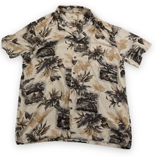 Island Shores Shirt Mens L Beige Brown Tropical Rayon Aloha Beach Hut Print