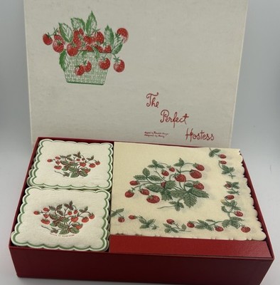 Vintage Freund-Mayer & Co Napkins & Coasters Set Strawberries Midcentury Boxed