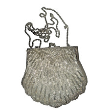 Vintage Silver Beaded Evening Purse Scallop Shell Shape with Chain Strap — listing 5