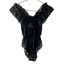 VTG Dolores For Poirette Black Sleep Bodysuit Lace Ruffle VNeck Pullover S Small