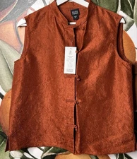 Eileen Fisher Medium Top Burnt Orange Chinese Style Crushed Silk Sleeveless NWT