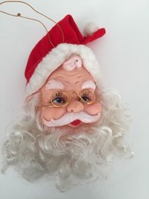 Vintage Rubber Face Hanging Santa Claus Head Ornament with Holly Adornment