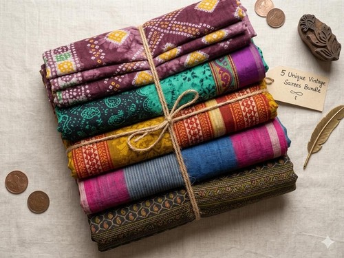 Sanskriti Vintage Sari Recycled Pure Cotton Saree Lot Multicolor Fabric Lot of 5