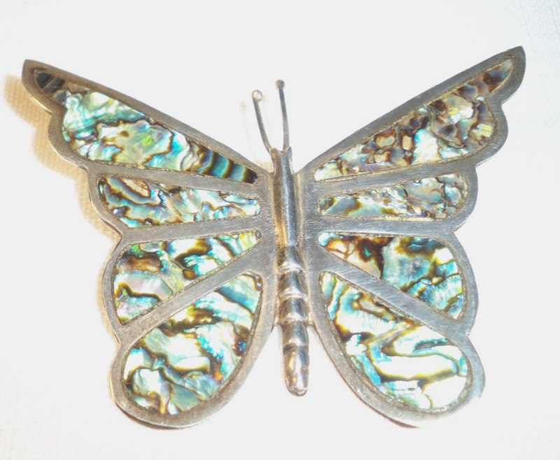 Gorgeous! Huge Sterling Butterfly Abalone Pin Signed JBF Mexico 925 - 1.