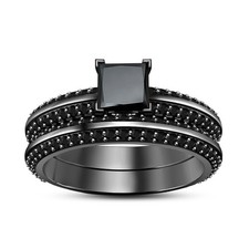 2 CT Princess Lab Created Diamond Bridal Wedding Ring Set 14K Black Gold Over