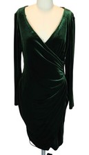 RALPH LAUREN Velvet Ruched Faux Wrap Long Sleeve Sheath Dress Size 8 Dark Green