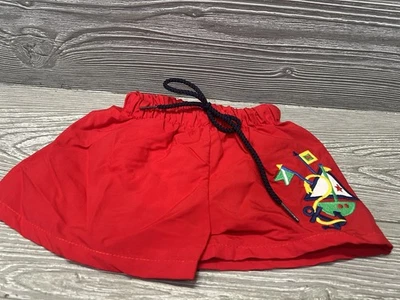 Vintage Baby Boys Drawstring Nylon Swimsuit Size 6M Red Sailboat Nautical - Photo 1/4