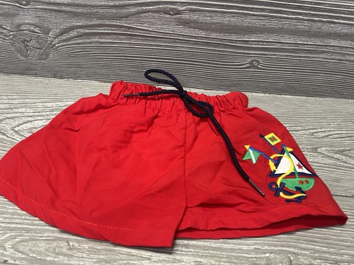 Vintage Baby Boys Drawstring Nylon Swimsuit Size 6M Red Sailboat Nautical