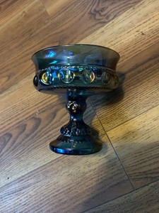 Blue Purple Indiana Iridescent Carnival Glass Kings Crown Thumbprint Compote