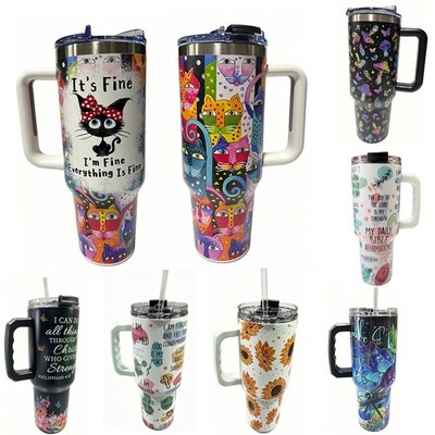 40oz Portable Stainless Steel Coffee Cup Large Capacity Print Straw Water Bottle