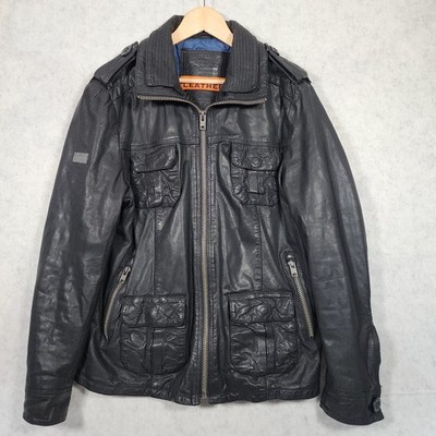 Superdry Brad Hero Herren Premium Lederjacke Biker Taschen - Schwarz - XL