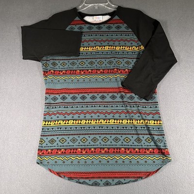 LuLaRoe Randy Shirt Womens Med Black Aztec Pattern 3/4 Sleeve Raglan Top Retro