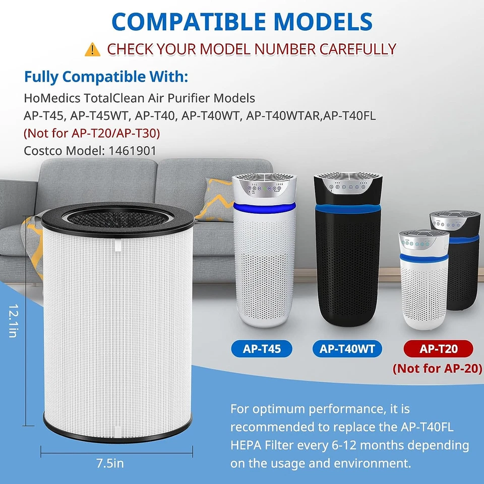 Filtro HEPA AP-T45 AP-T40FL compatible con purificador de aire Homedics 1461901, total Foto 3 de 4