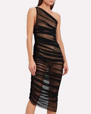 Norma Kamali L54202 Womens Black Mesh One Shoulder Sheer Diana Gown Size L/40