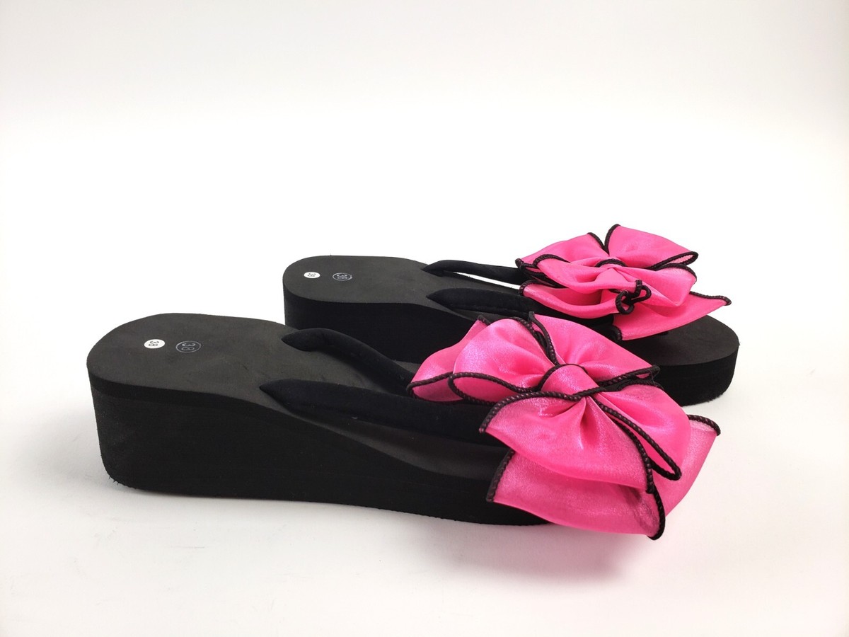 Thong Wedge Summer Foam Black Sandals Pink Bow Size