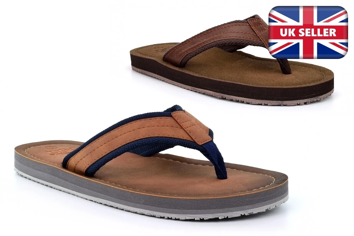 Mens Sandals Mens Mules Faux Leather Toe Post Flip Flops Summer Tan/Brown Size