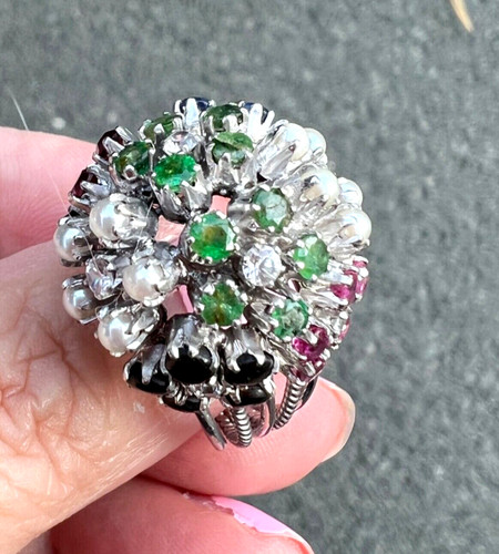 VINTAGE LARGE 14K GOLD EMERALD PINK BLUE SAPPHIRE TOURMALINE PEARL BOMBE RING