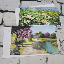 Note Cards Lot Of 2 Blank Inside Floral Scenic W/ Envelopes Mouth Painted Artist