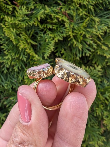 Artisan Handmade In Morocco Adjustable Boho Chic Double Geode Gold Ring Size 10 - Picture 6 of 8