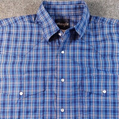 Wrangler Mens Pearl Snap Shirt Medium Blue Tartan Plaid Rodeo Western Cowboy