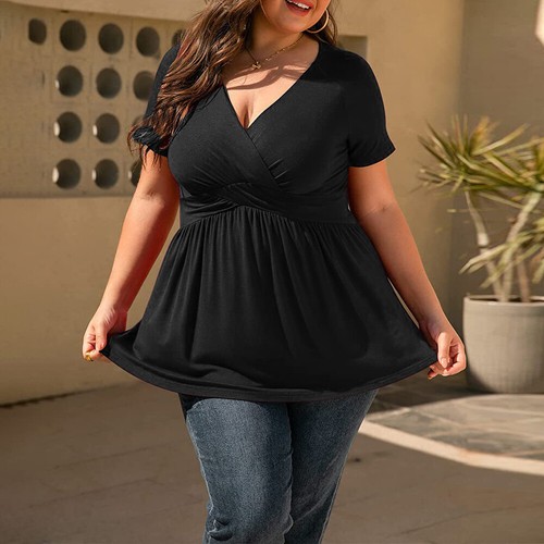 Plus Size Womens Solid V-Neck Tunic Tops Ladies Casual Loose Blouse T Shirt Tee - Picture 12 of 18