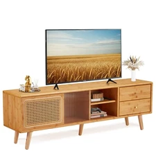 Danrelax Mid-Century Modern TV Stand, 55 Inch Rattan Media Console