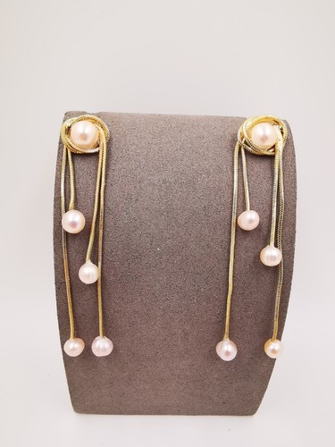 9ct Gold Plated Seawater Pearl Dangle Drop Flows Earrings Birthday Gift - Picture 6 of 11