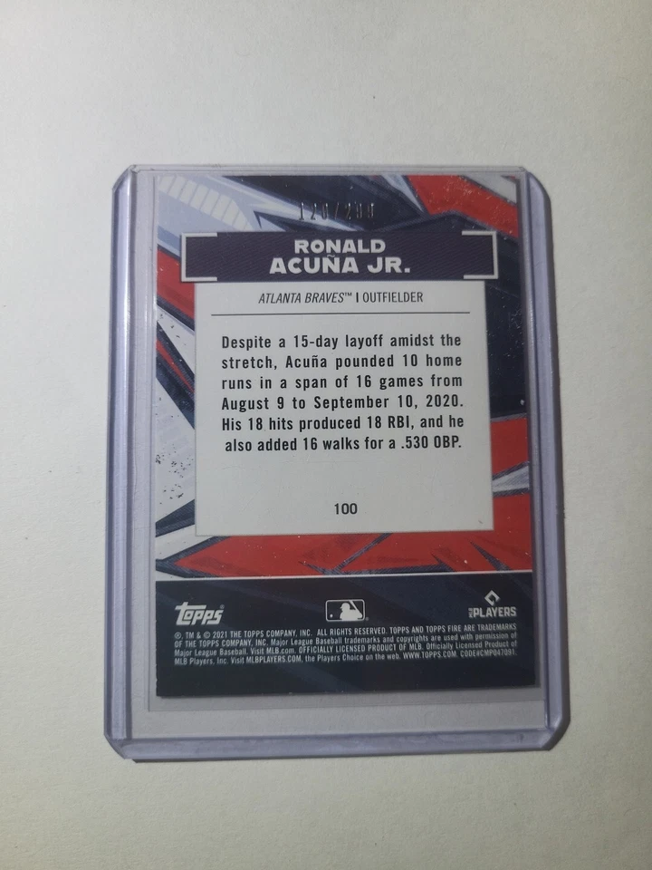 Ronald Acuna Jr. 2021 Topps Fire Orange #100 /299 Braves 🔥 🔥  - Image 2 of 3