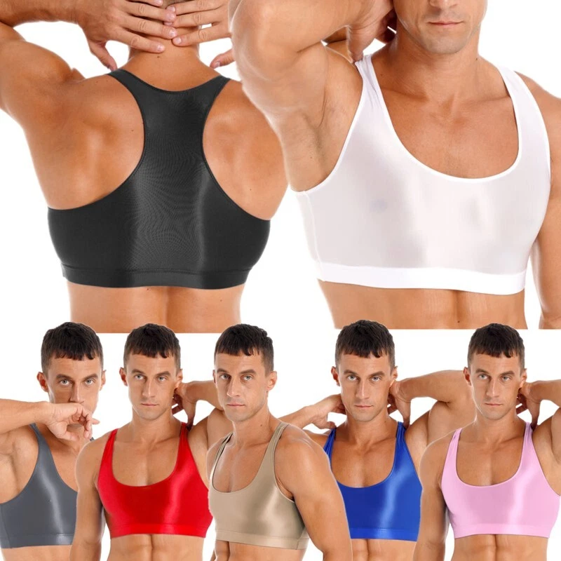 Men Glossy Y Back Half Tank Top Vest Workout Sports Bras T-Shirts  Undershirt