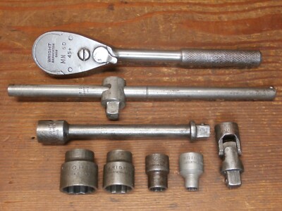 Vintage WRIGHT MN 60 45+ Ratchet AC/AG Mixed Socket Set Of 8 Pcs. BARBERTON OHIO