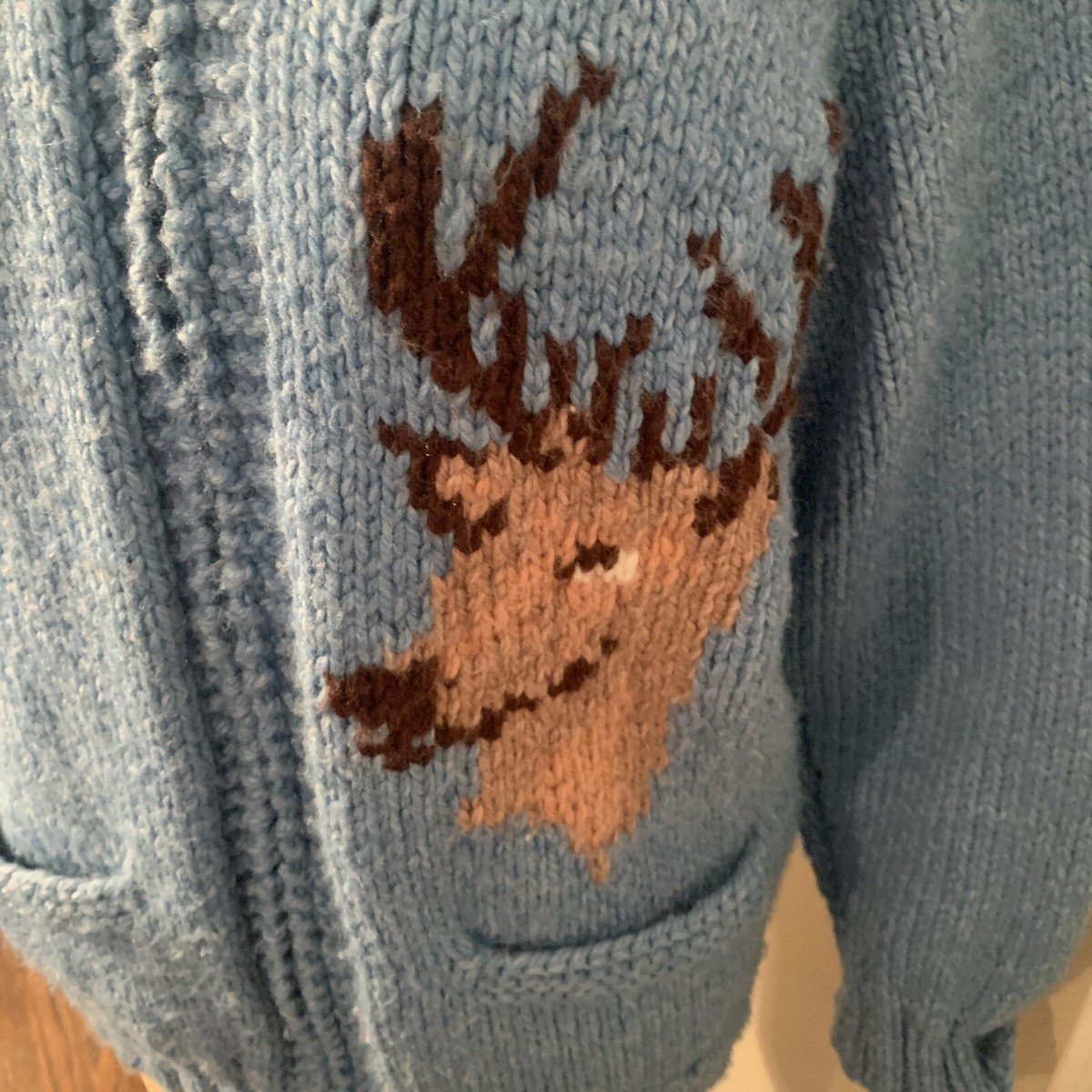 Vtg 60s Cowichan Sweater Big Buck Deer Shawl NECK WOOL ZIP FRONT Blue Large