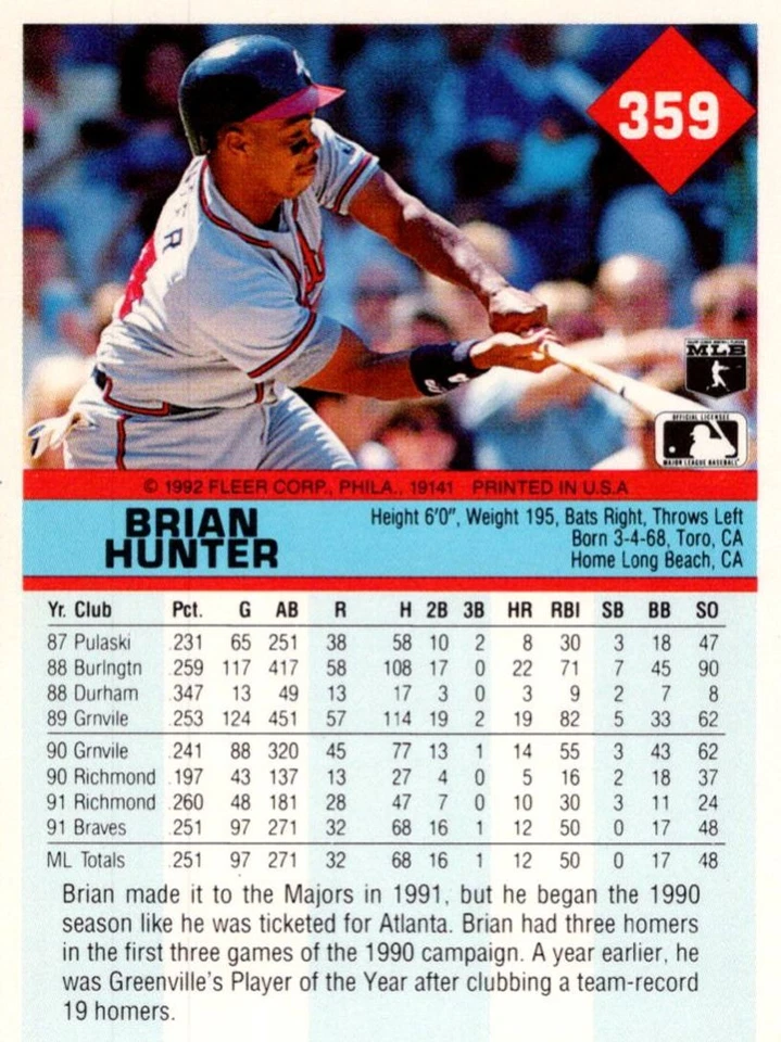 Fleer Brian Hunter Atlanta Braves 1992 #359 Foto 2 de 2